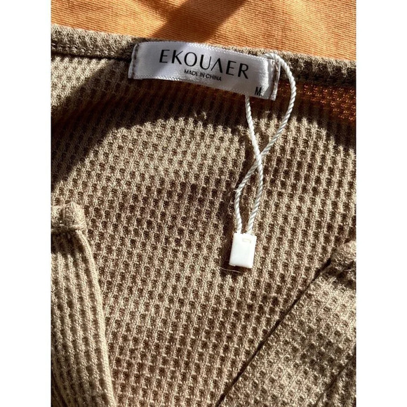 Ekouar New Split Neck Waffle Top Long Sleeve M Tan - Picture 4 of 5